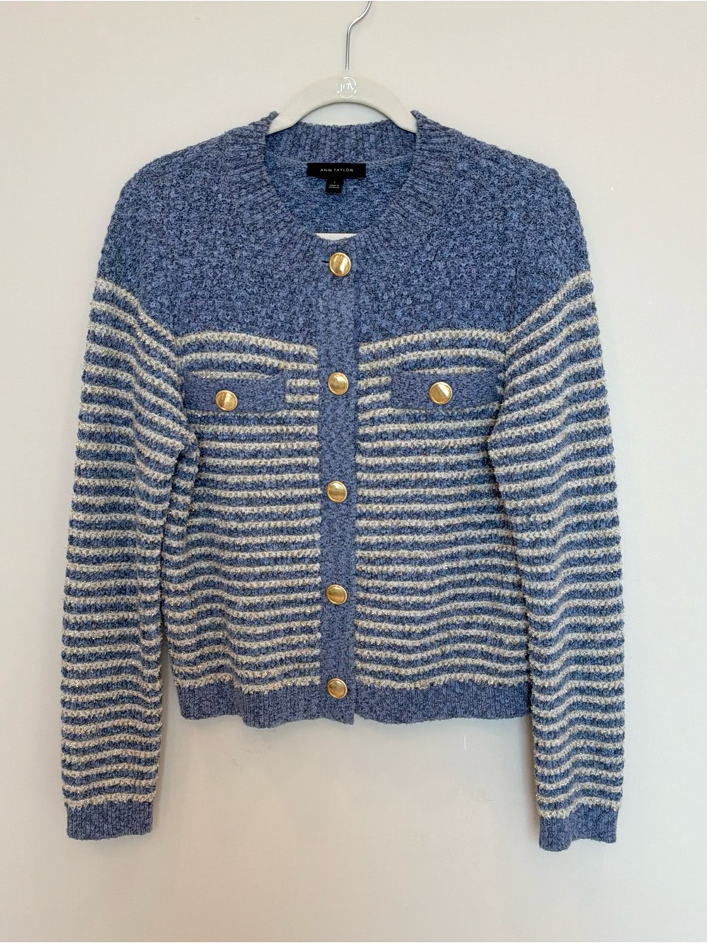 Ann Taylor Blue & Cream Striped Button Cardigan